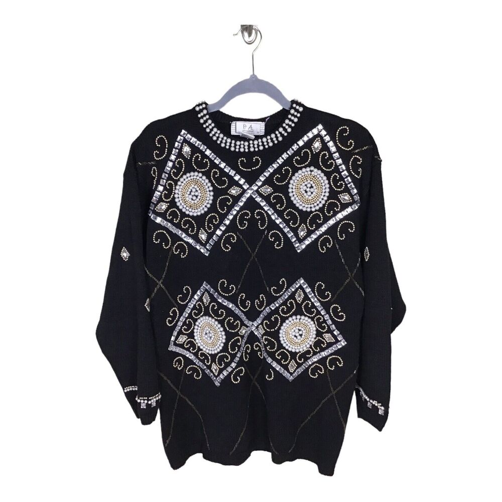 PA International Vintage Women Sweater Med Black  Embroidered bedazzled Holiday
